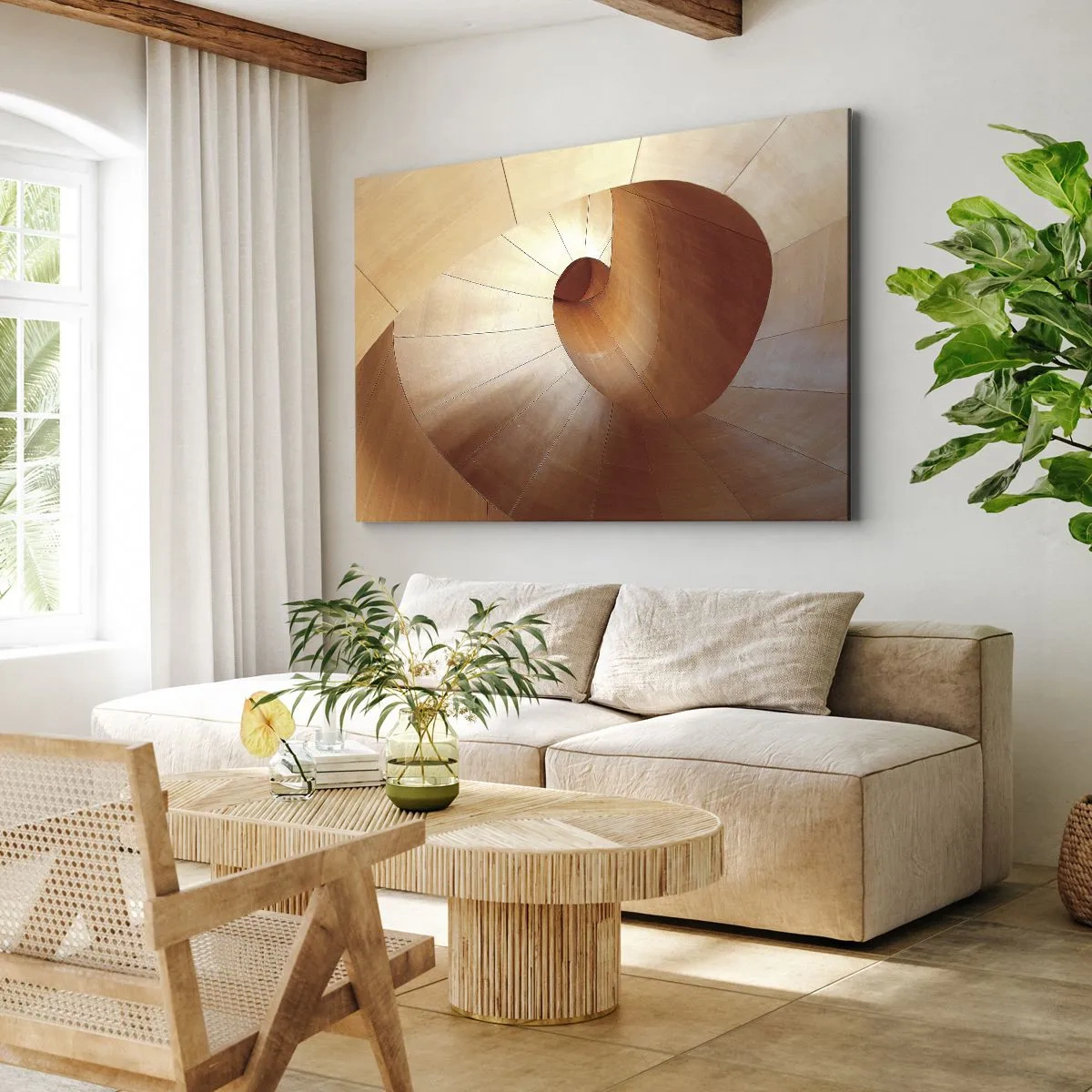 Quadro em tela - Espiral abstrata em tons de madeira e marrom claro - 70x50cm - Serpentina arquitetônica - Decoração de parede moderna para a sala de estar e quarto ARTTOR