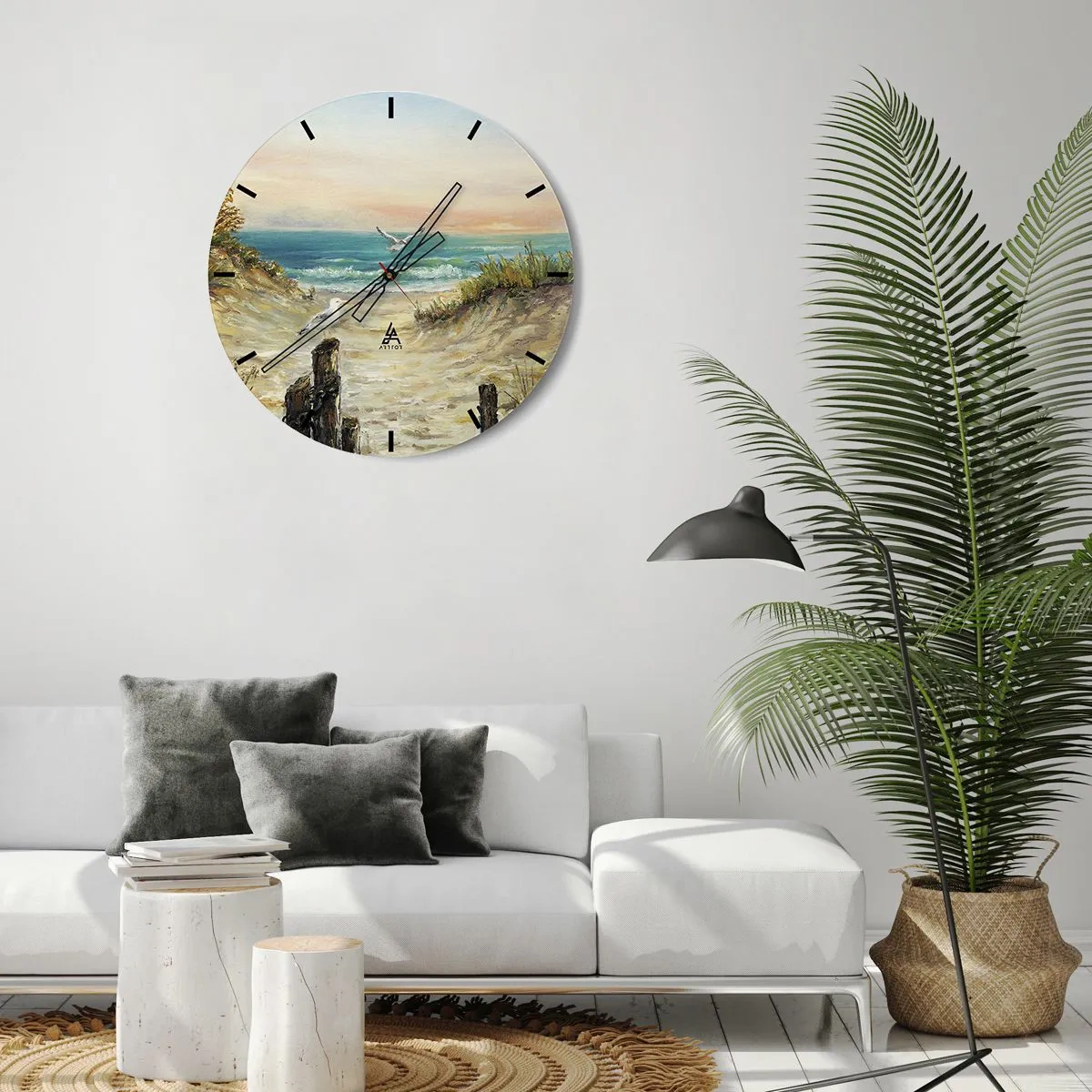 Relógio de parede - Relógio em vidro - Gaivotas sobre a praia ao pôr do sol - 30x30cm - Refúgio sem vento - Decoração de parede moderna para a sala de estar, cozinha e quarto ARTTOR