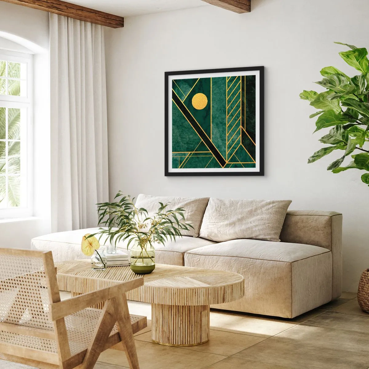 Pôster com moldura preta - A dinâmica do ouro e do azul - 50x50 cm