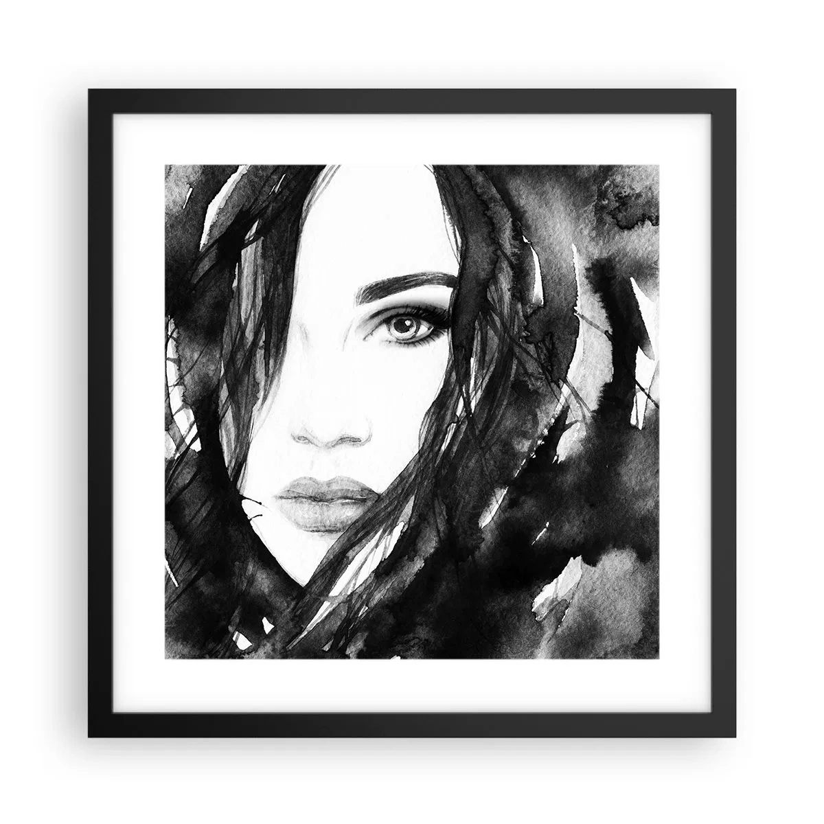 Pôster com moldura preta - Retrato de uma dama a preto e branco - 40x40 cm