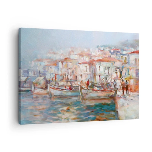 Quadro em tela - Impressão do porto com barcos e edifícios - 70x50cm - Férias em pastel - Decoração de parede moderna para a sala de estar e quarto ARTTOR