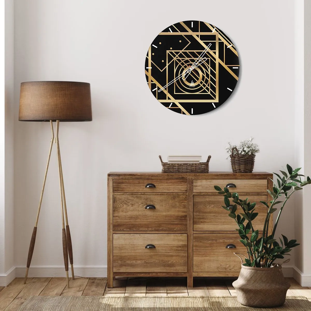 Relógio de parede - Relógio em vidro - Padrão geométrico dourado em fundo preto - 30x30cm - Geometria dourada - Decoração de parede moderna para a sala de estar, cozinha e quarto ARTTOR