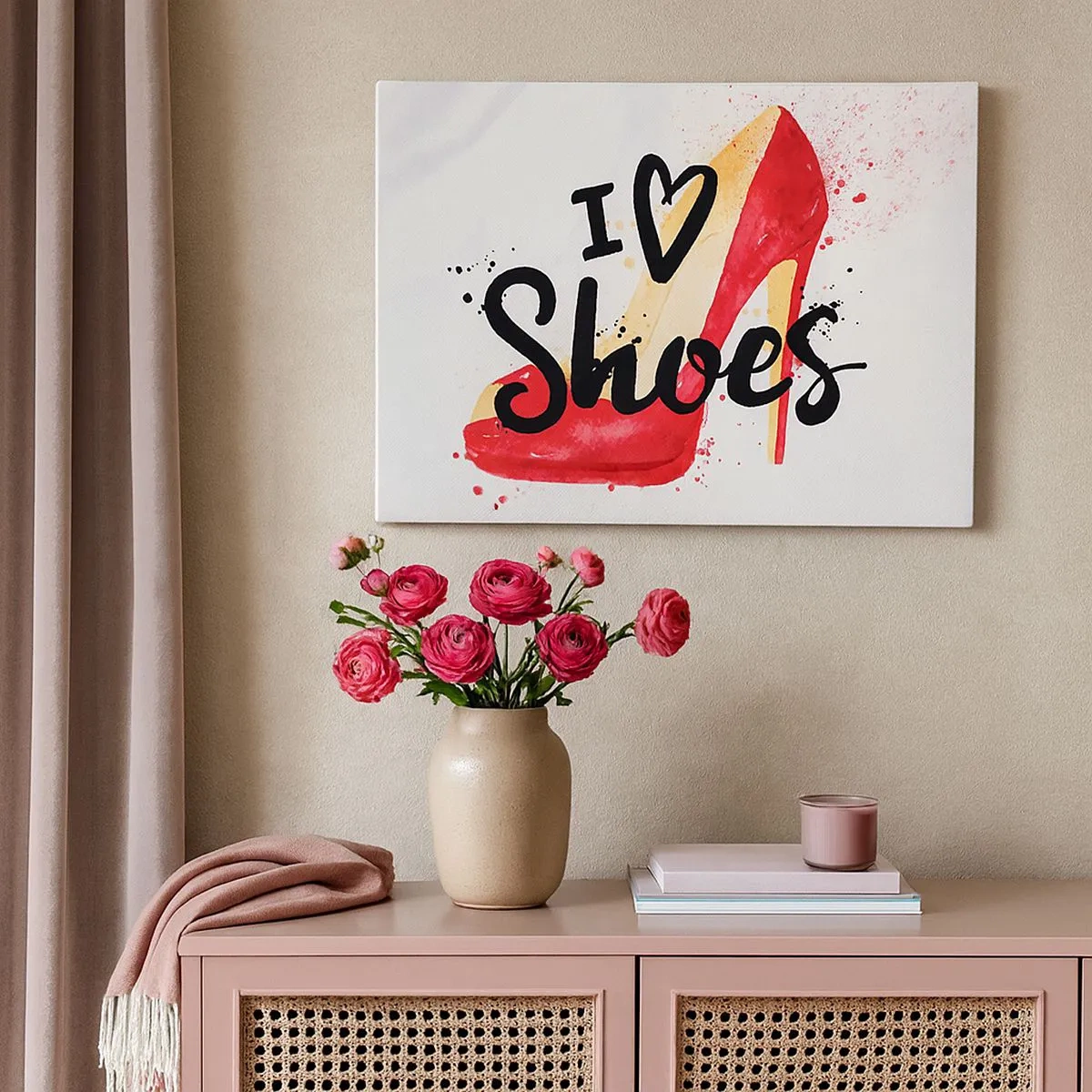 Quadro em tela - Stiletto vermelho com a inscrição "Eu amo sapatos" em um fundo branco - 70x50cm - O amor tem muitos nomes - Decoração de parede moderna para a sala de estar e quarto ARTTOR