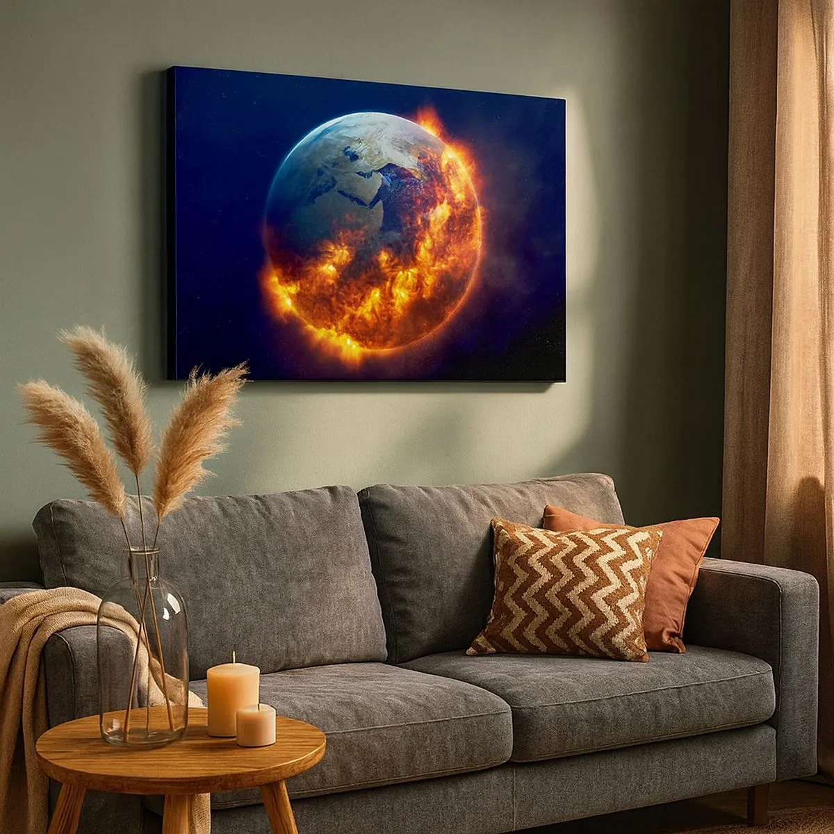 Quadro em tela - Planeta Terra em chamas no espaço sideral - 70x50cm - A chama do apocalipse - Decoração de parede moderna para a sala de estar e quarto ARTTOR