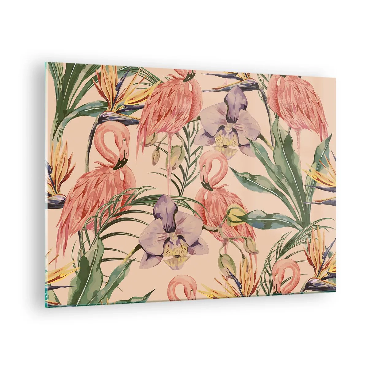 Quadro em vidro - Flamingos cercados por flores e plantas tropicais - 70x50cm - Balé rosa em flores - Decoração de parede moderna para a sala de estar e quarto ARTTOR