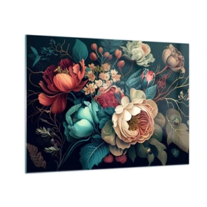 Quadro em vidro - Buquê de flores vintage em fundo escuro - 70x50cm - Charme do século 19 - Decoração de parede moderna para a sala de estar e quarto ARTTOR