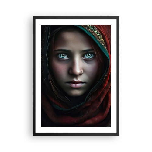 Pôster com moldura preta - Retrato de uma menina com um xale vermelho e olhos hipnotizantes - 50x70cm - Princesa oriental - Decoração de parede moderna para a sala de estar e quarto ARTTOR