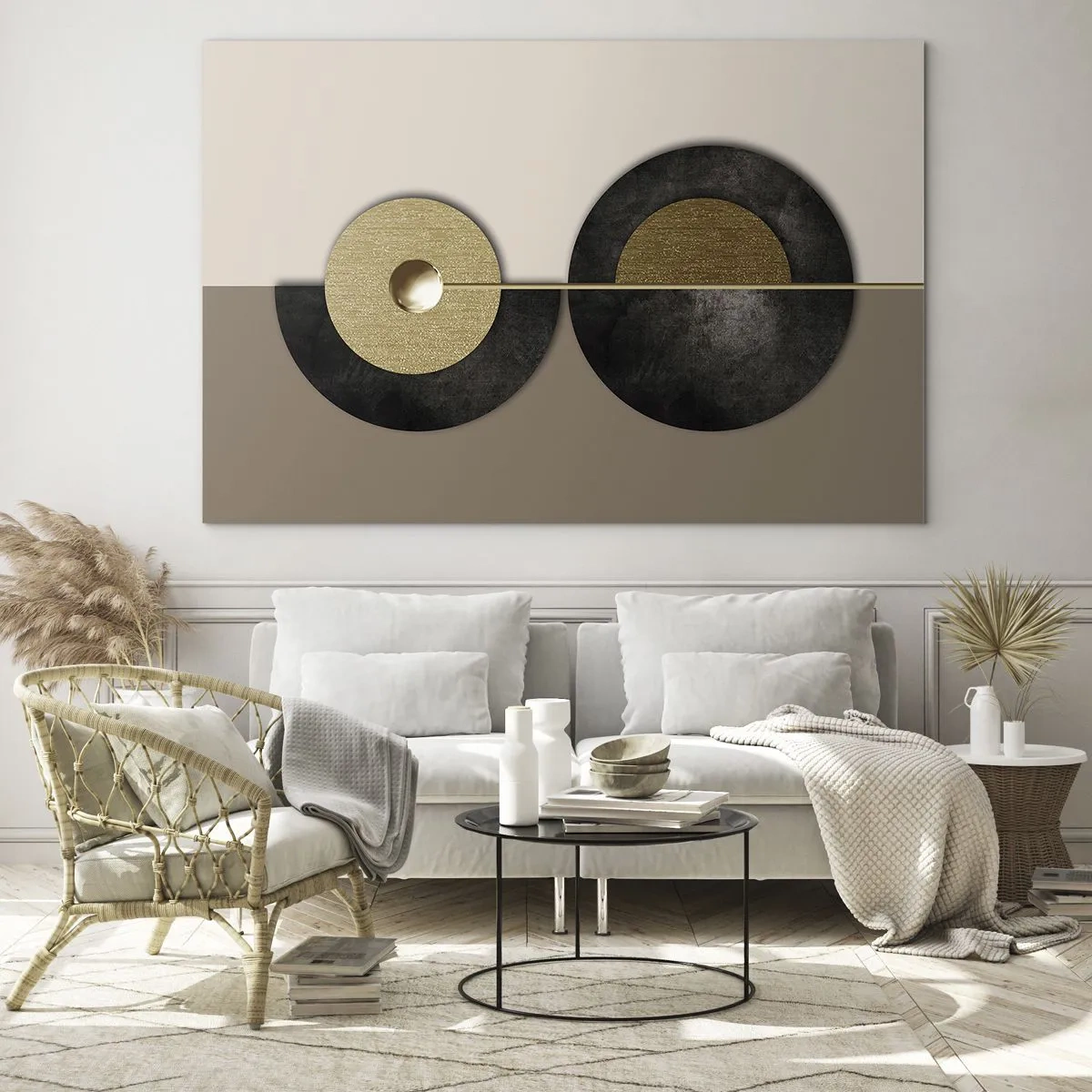 Quadro em vidro - Círculos geométricos em dourado e preto sobre fundo bege - 70x50cm - Variações ao redor do círculo - Decoração de parede moderna para a sala de estar e quarto ARTTOR