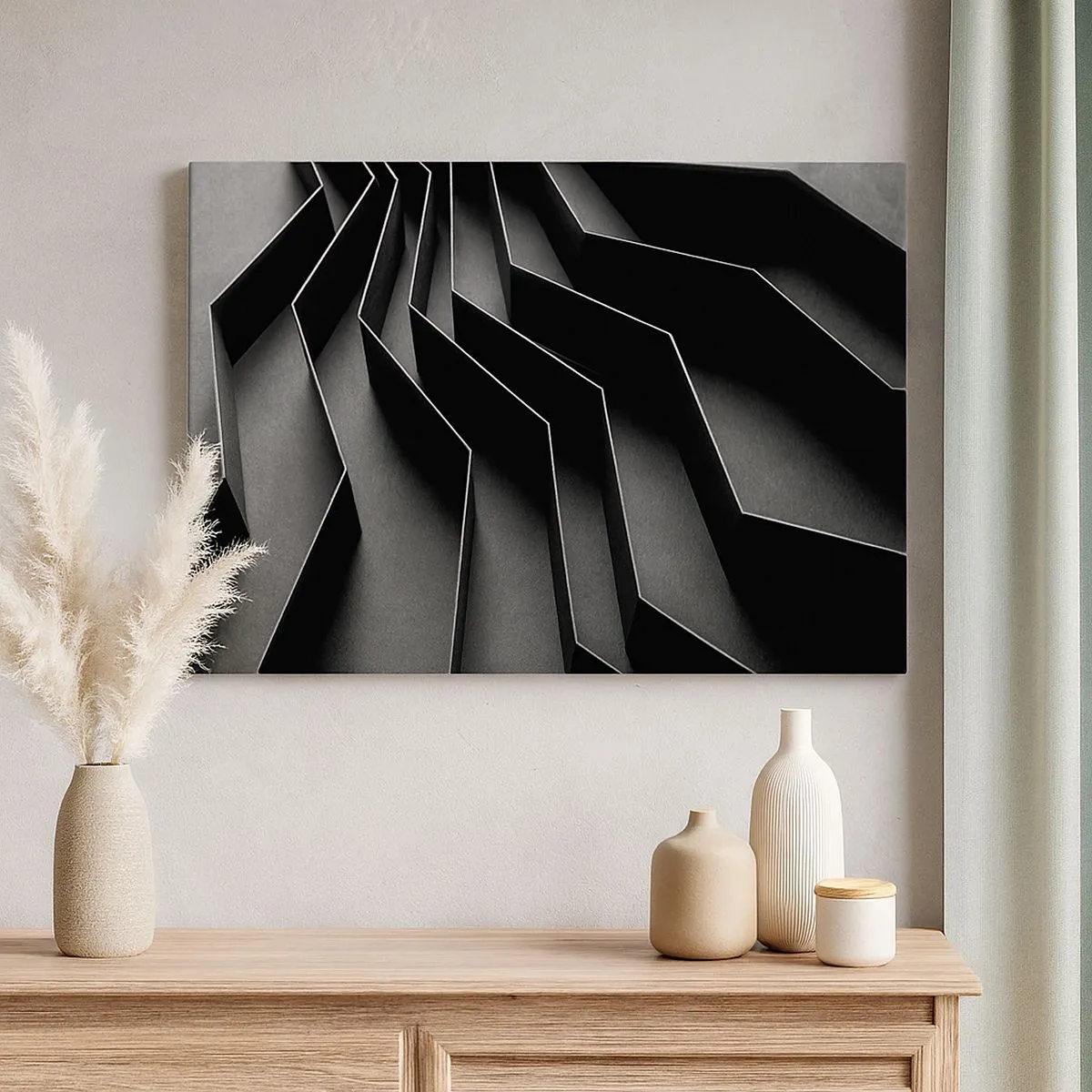 Quadro em tela - Abstração em preto e branco com estruturas geométricas - 70x50cm - Ordem espacial - Decoração de parede moderna para a sala de estar e quarto ARTTOR