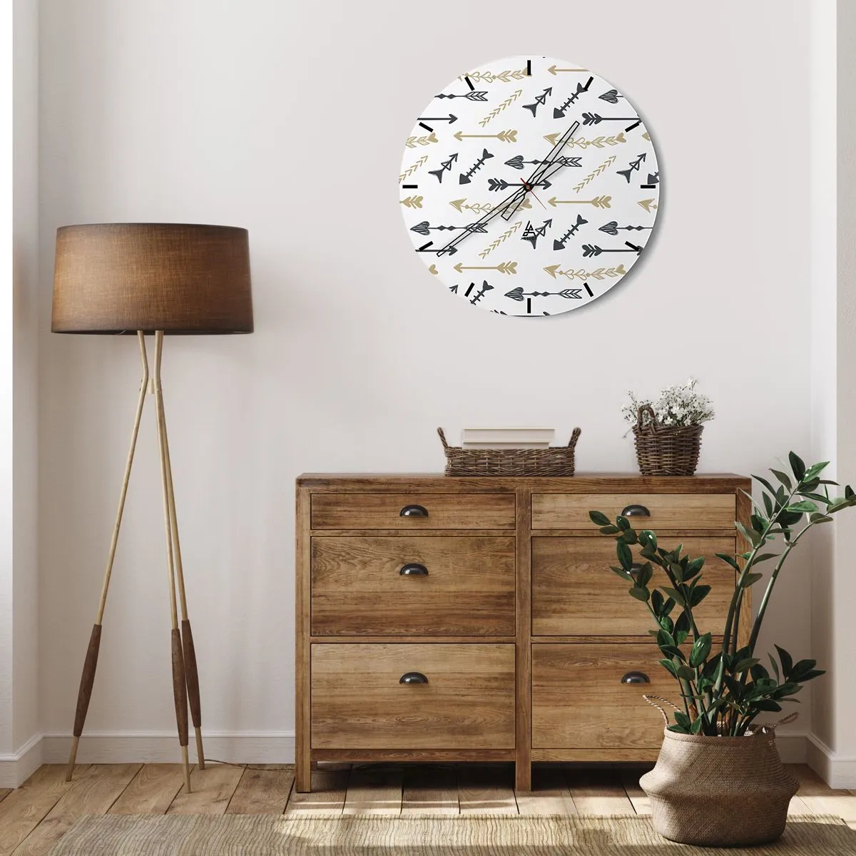 Relógio de parede - Relógio em vidro - Padrão decorativo com várias setas em um fundo branco - 30x30cm - O sonho do arqueiro - Decoração de parede moderna para a sala de estar, cozinha e quarto ARTTOR
