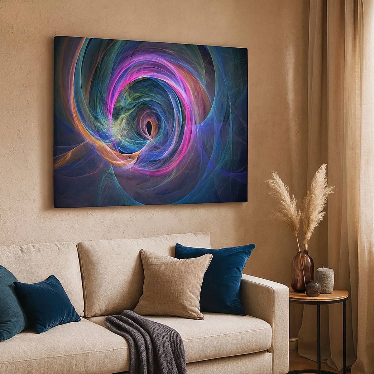 Quadro em tela - Um redemoinho abstrato de cores em tons de roxo, rosa e azul. - 70x50cm - Para onde quer me levar? - Decoração de parede moderna para a sala de estar e quarto ARTTOR