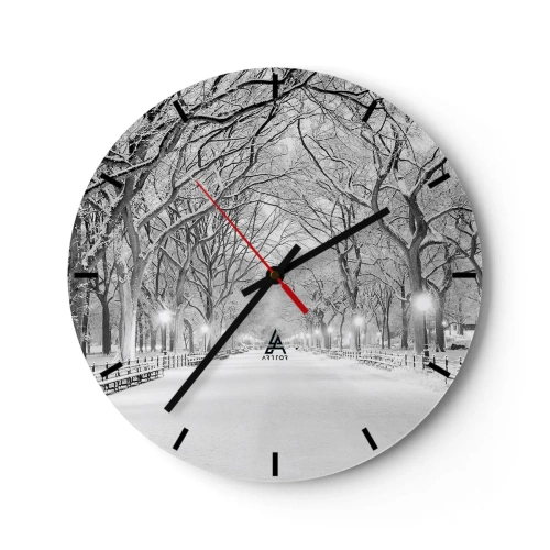 Relógio de parede - Relógio em vidro - Beco de árvores de inverno no parque iluminado por lanternas - 30x30cm - Quatro estações - inverno - Decoração de parede moderna para a sala de estar, cozinha e quarto ARTTOR