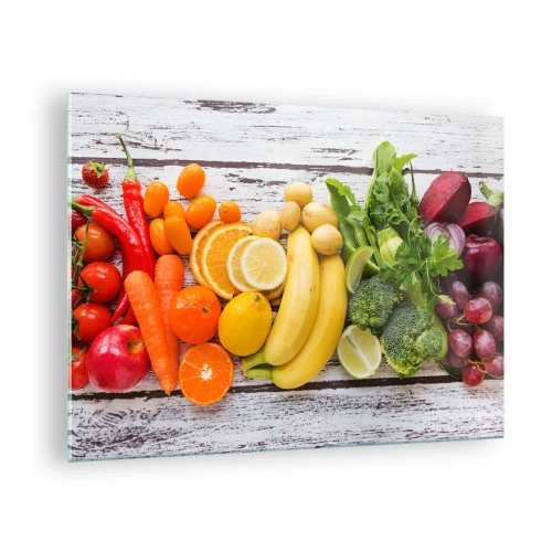 Quadro em vidro - Frutas e vegetais coloridos dispostos sobre uma mesa de madeira - 70x50cm - Não é suficiente? - Decoração de parede moderna para a sala de estar e quarto ARTTOR