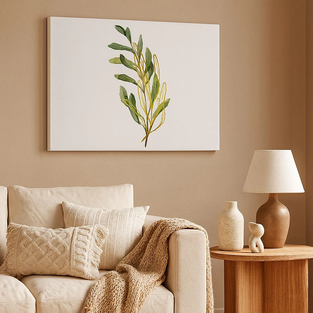 Quadro em tela - Galho verde com folhas em fundo branco - 70x50cm - Tudo que é bom - Decoração de parede moderna para a sala de estar e quarto ARTTOR