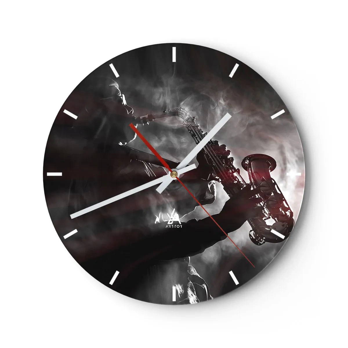 Relógio de parede - Relógio em vidro - Saxofonista na fumaça em estilo preto e branco - 30x30cm - Nos fumos do jazz - Decoração de parede moderna para a sala de estar, cozinha e quarto ARTTOR