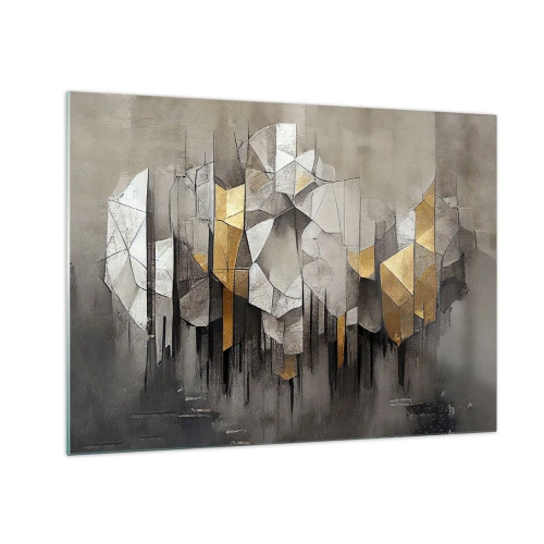 Quadro em vidro - Formas abstratas em tons de cinza, branco e dourado - 70x50cm - Composição de gelo e luz - Decoração de parede moderna para a sala de estar e quarto ARTTOR