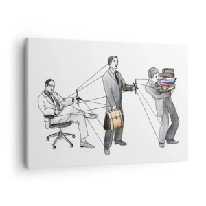 Quadro em tela - Uma ilustração mostrando pessoas sendo controladas como marionetes. - 70x50cm - Cada um tem o seu mestre - Decoração de parede moderna para a sala de estar e quarto ARTTOR