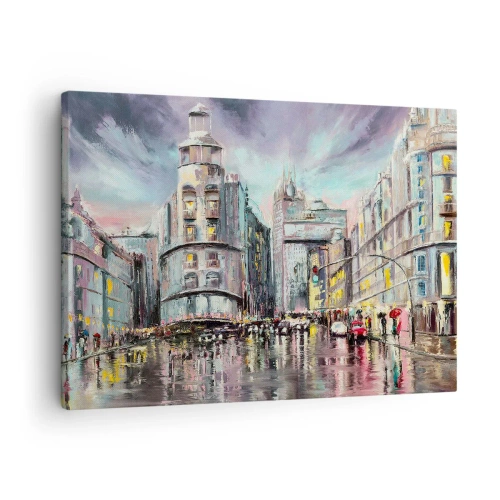 Quadro em tela - Vista noturna da cidade com reflexos na rua molhada - 70x50cm - Será uma noite de sucesso - Decoração de parede moderna para a sala de estar e quarto ARTTOR