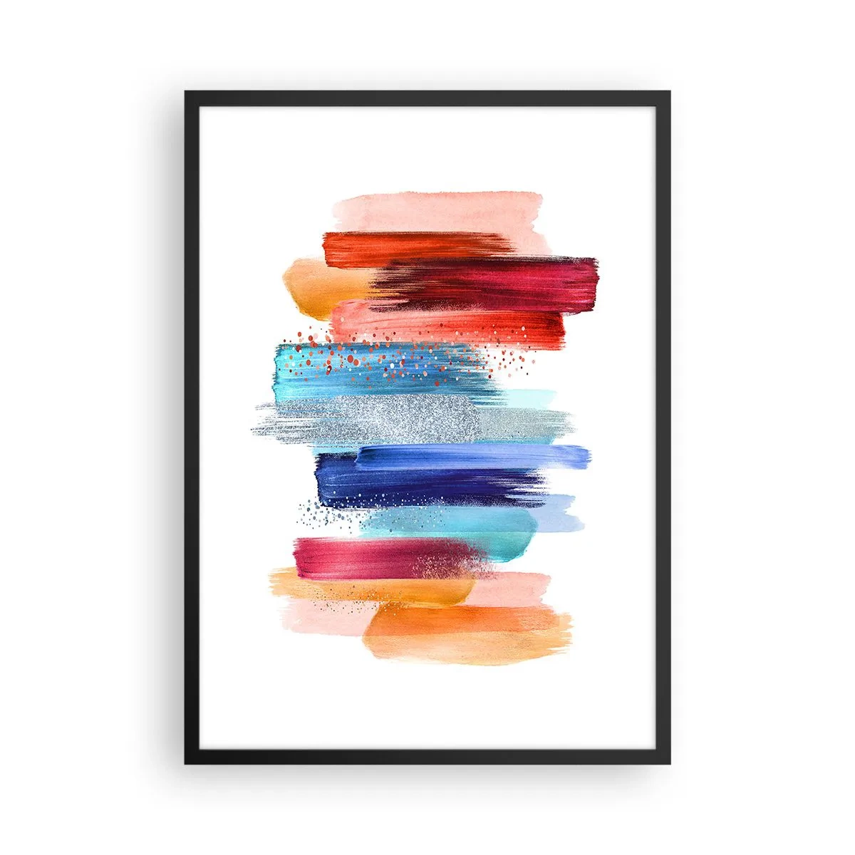 Pôster com moldura preta - Pinceladas abstratas coloridas em um fundo branco - 50x70cm - Para cima e para baixo - Decoração de parede moderna para a sala de estar e quarto ARTTOR
