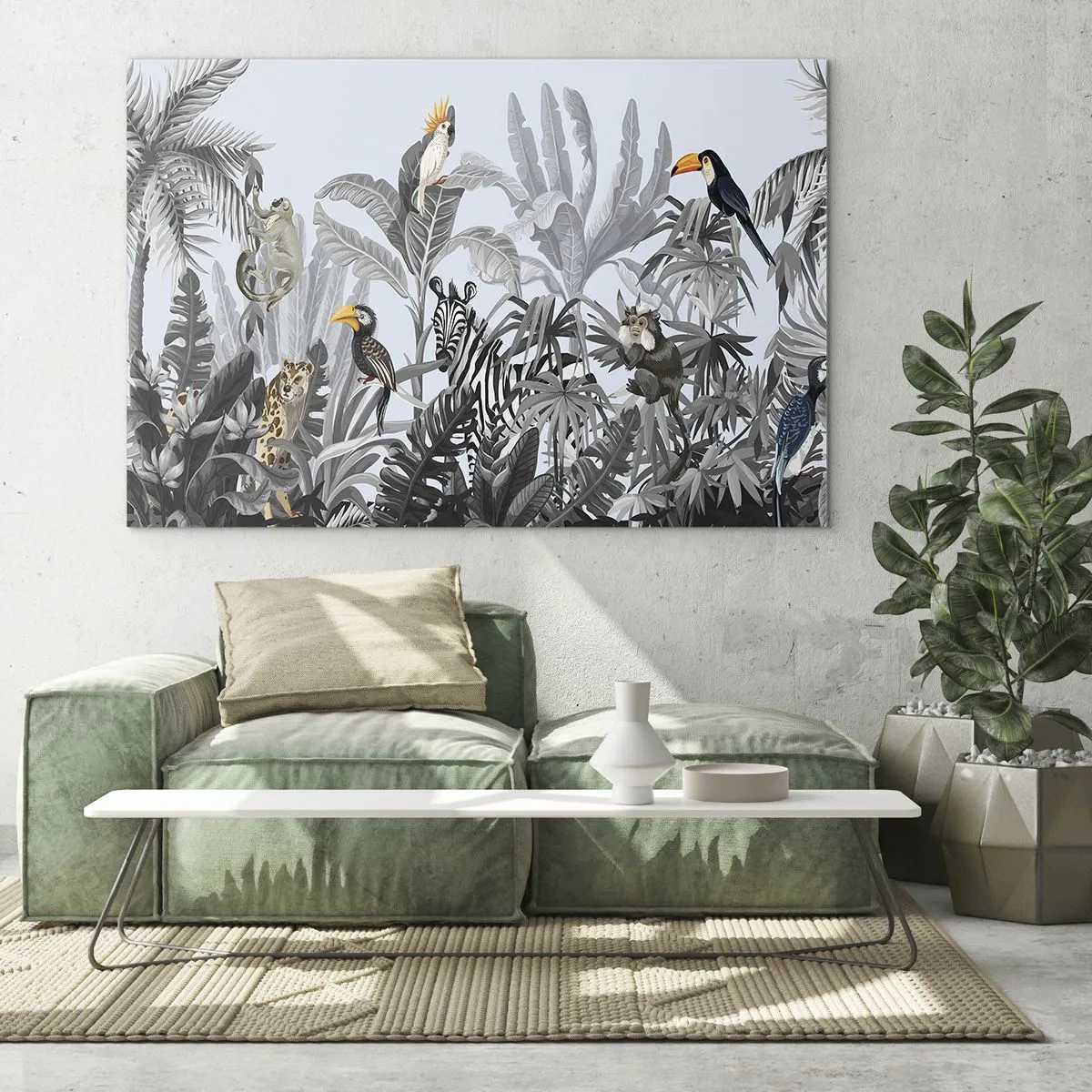 Quadro em vidro - Animais exóticos em uma selva preta e branca em um fundo claro - 70x50cm - Conto de fadas africano - Decoração de parede moderna para a sala de estar e quarto ARTTOR