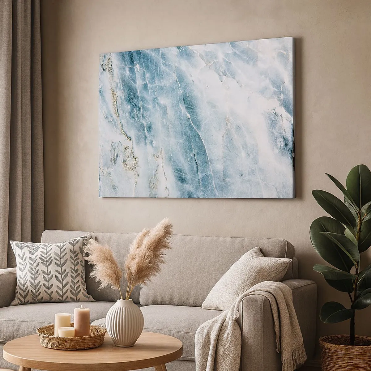 Quadro em tela - Textura de mármore em tons de azul e branco - 70x50cm - O mundo do Gelo - Decoração de parede moderna para a sala de estar e quarto ARTTOR