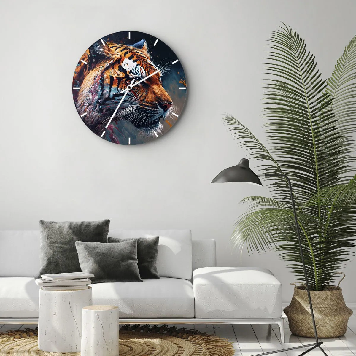 Relógio de parede - Relógio em vidro - Retrato de um tigre em cores intensas com toques pictóricos - 30x30cm - Beleza selvagem - Decoração de parede moderna para a sala de estar, cozinha e quarto ARTTOR
