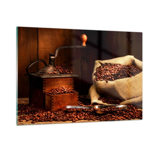 Quadro em vidro - Natureza morta com grãos de café e moedor - 120x80 cm