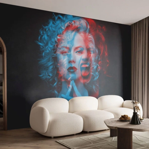 Papel de Parede Standard Eco - Retrato 3D de uma mulher com efeito azul e vermelho - 100x70cm - O outro eu - Decoração de parede moderna para a sala de estar e quarto ARTTOR