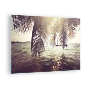 Quadro em vidro - Uma praia com palmeiras e um balanço sobre um mar calmo - 70x50cm - Deixe-se levar pela imaginação - Decoração de parede moderna para a sala de estar e quarto ARTTOR