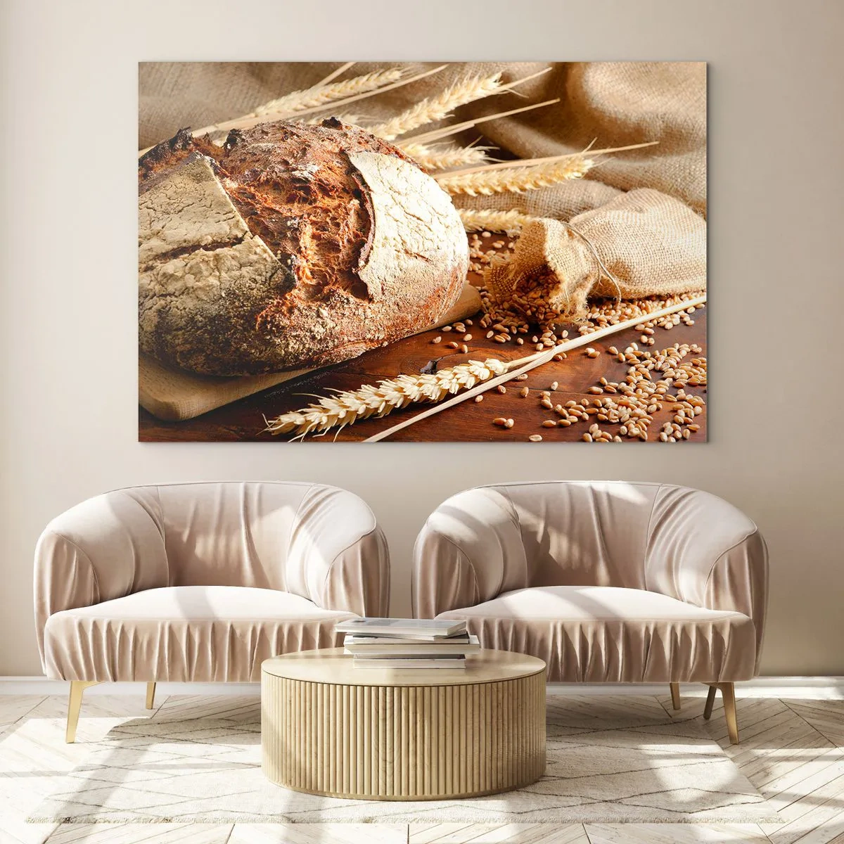 Quadro em vidro - Pão numa tábua com espigas de trigo e sacos de grãos - 70x50cm - Apetitoso, perfumado, crocante - Decoração de parede moderna para a sala de estar e quarto ARTTOR