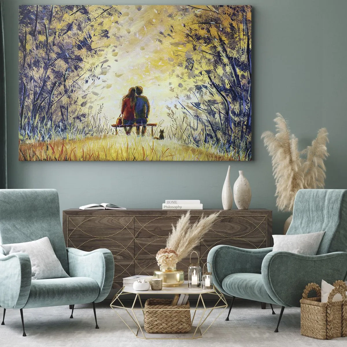 Quadro em tela - Um casal sentado em um banco entre árvores de outono sob a luz do sol - 70x50cm - Um momento mágico - Decoração de parede moderna para a sala de estar e quarto ARTTOR
