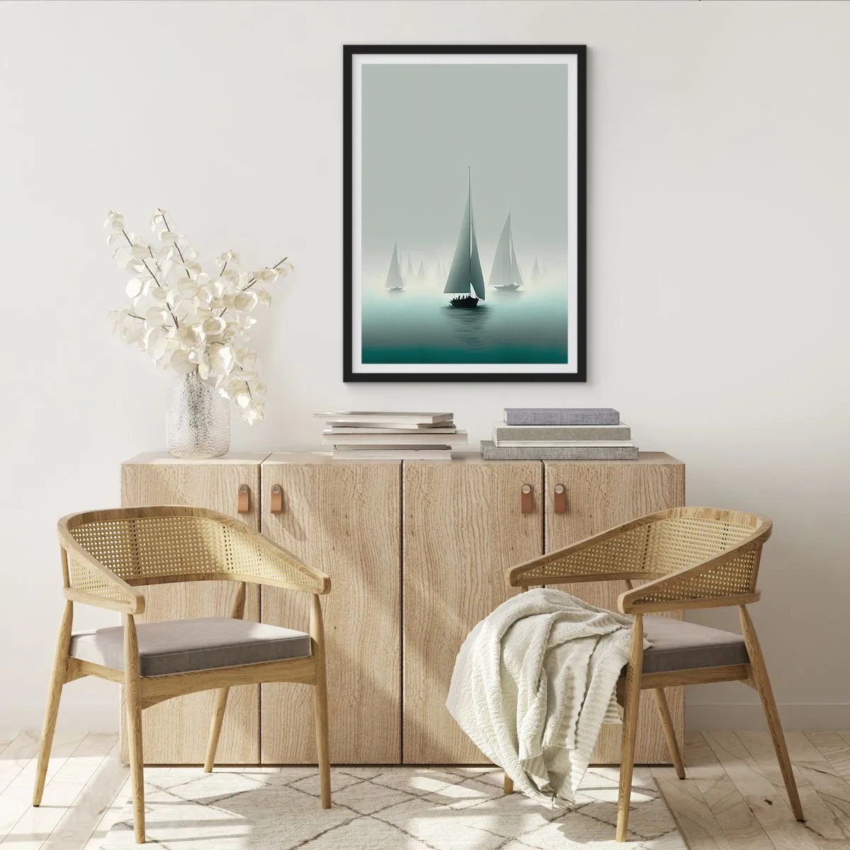 Pôster com moldura preta - Um grupo de veleiros navegando em um mar enevoado, cercado por águas calmas. - 50x70cm - Feito de neblina - Decoração de parede moderna para a sala de estar e quarto ARTTOR