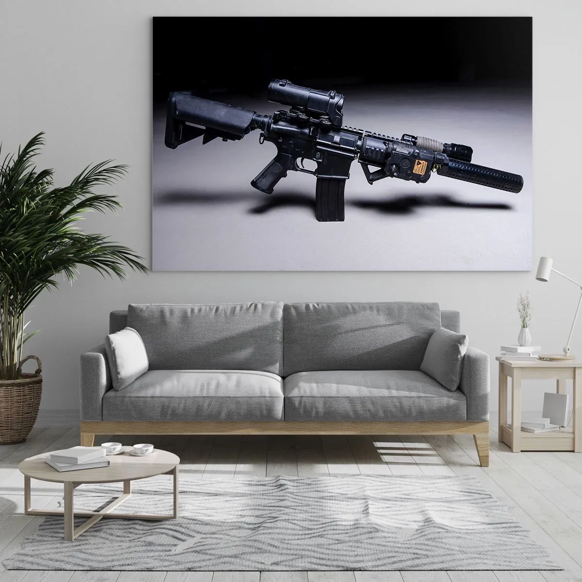 Quadro em vidro - Um rifle de assalto preto com acessórios sobre um fundo claro - 70x50cm - O Cavaleiro das Trevas - Decoração de parede moderna para a sala de estar e quarto ARTTOR
