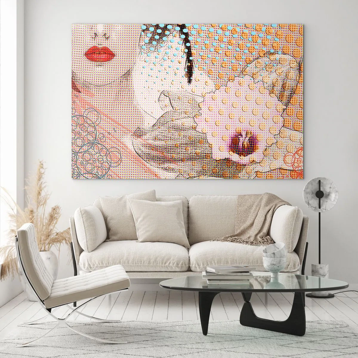 Quadro em vidro - Ilustração de um retrato de uma mulher com uma flor ao fundo no estilo pop art - 70x50cm - Heroína de cartoon - Decoração de parede moderna para a sala de estar e quarto ARTTOR