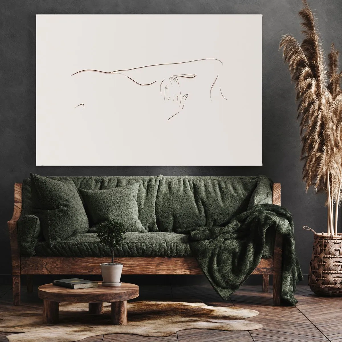 Quadro em tela - Um desenho sutil de uma silhueta contra um fundo claro - 70x50cm - A forma do desejo - Decoração de parede moderna para a sala de estar e quarto ARTTOR