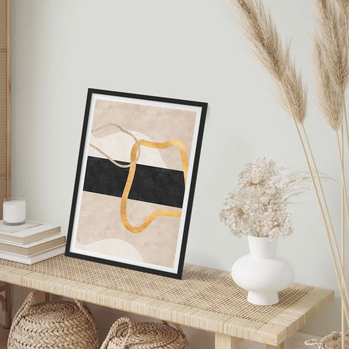 Pôster com moldura preta - Composição abstrata com preto, dourado e fundo neutro - 50x70cm - Formas em loop - Decoração de parede moderna para a sala de estar e quarto ARTTOR