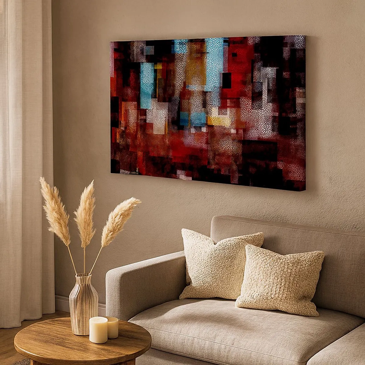Quadro em tela - Abstração geométrica em tons intensos de vermelho - 70x50cm - Uma grande confusão - Decoração de parede moderna para a sala de estar e quarto ARTTOR