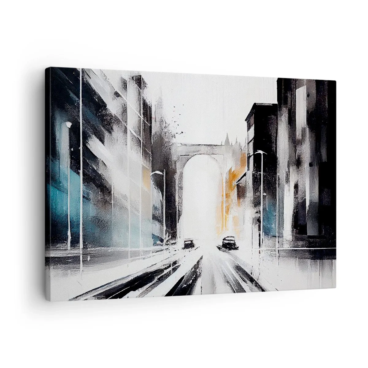 Quadro em tela - Panorama abstrato da cidade com uma ponte em arco - 70x50cm - Estudo da cidade: arquitetura e movimento - Decoração de parede moderna para a sala de estar e quarto ARTTOR