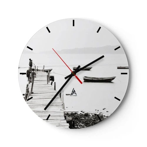 Relógio de parede - Relógio em vidro - Um cais e barcos em águas calmas em tons de cinza - 30x30cm - Sobre água calma e límpida - Decoração de parede moderna para a sala de estar, cozinha e quarto ARTTOR