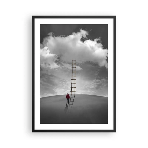 Pôster com moldura preta - Um homem em pé perto de uma escada que leva às nuvens - 50x70cm - Tudo é possível - Decoração de parede moderna para a sala de estar e quarto ARTTOR