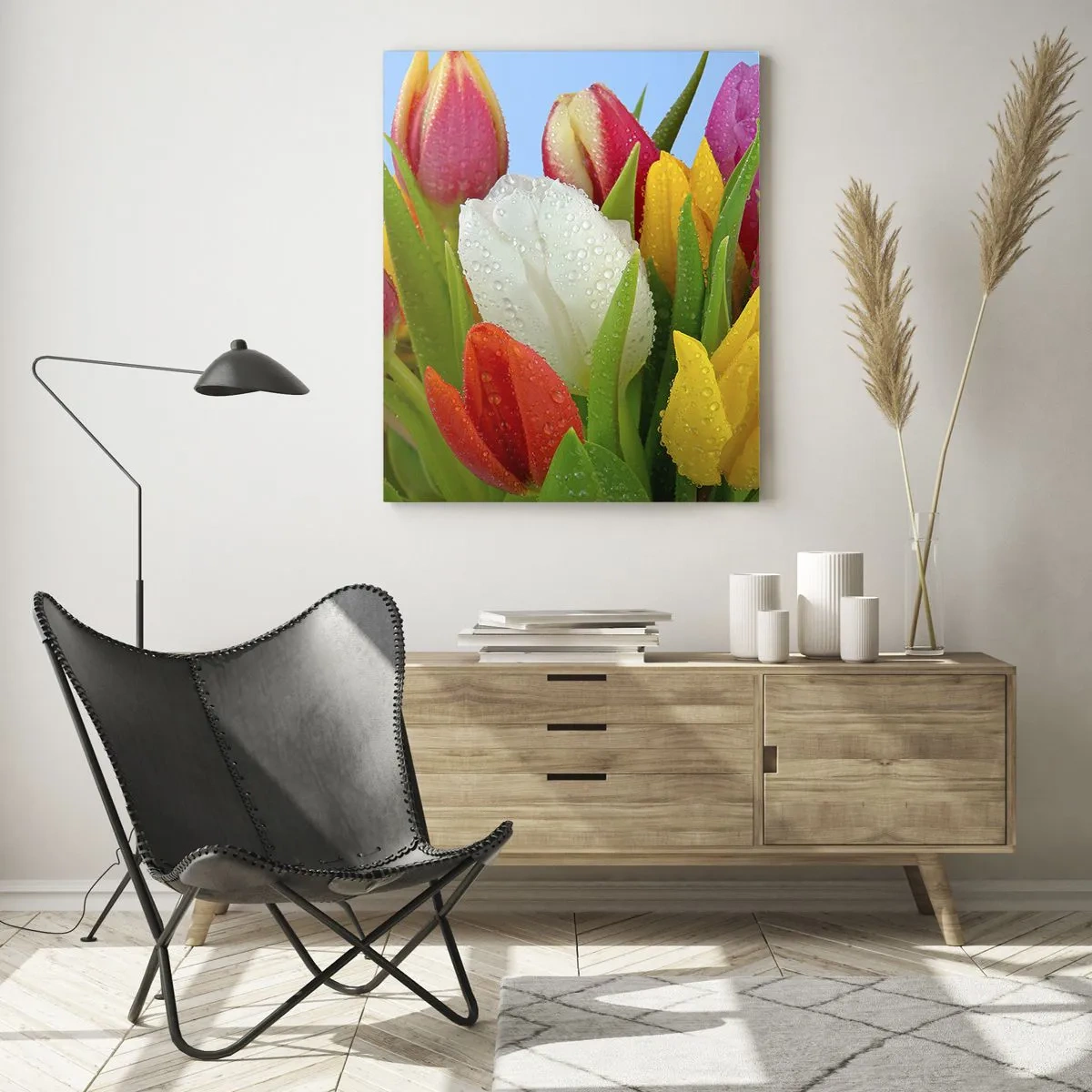Quadro em vidro - Arco-íris floral em gotas de orvalho - 80x120 cm
