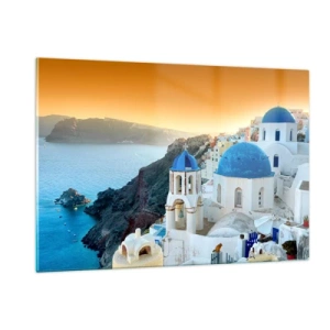 Quadro em vidro - Santorini - abraçada às rochas - 120x80 cm