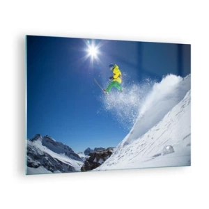 Quadro em vidro - Um esquiador em ação tendo como pano de fundo montanhas cobertas de neve - 70x50cm - Dançando com as montanhas - Decoração de parede moderna para a sala de estar e quarto ARTTOR