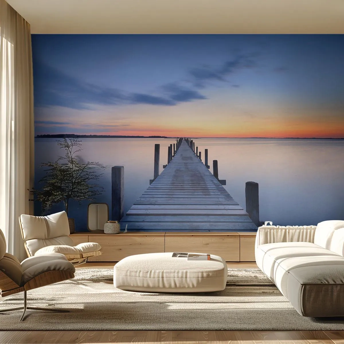 Papel de Parede Standard Eco - A calma de um crepúsculo sereno - Paisagem, Baía, Ponte de madeira - 250x175 cm