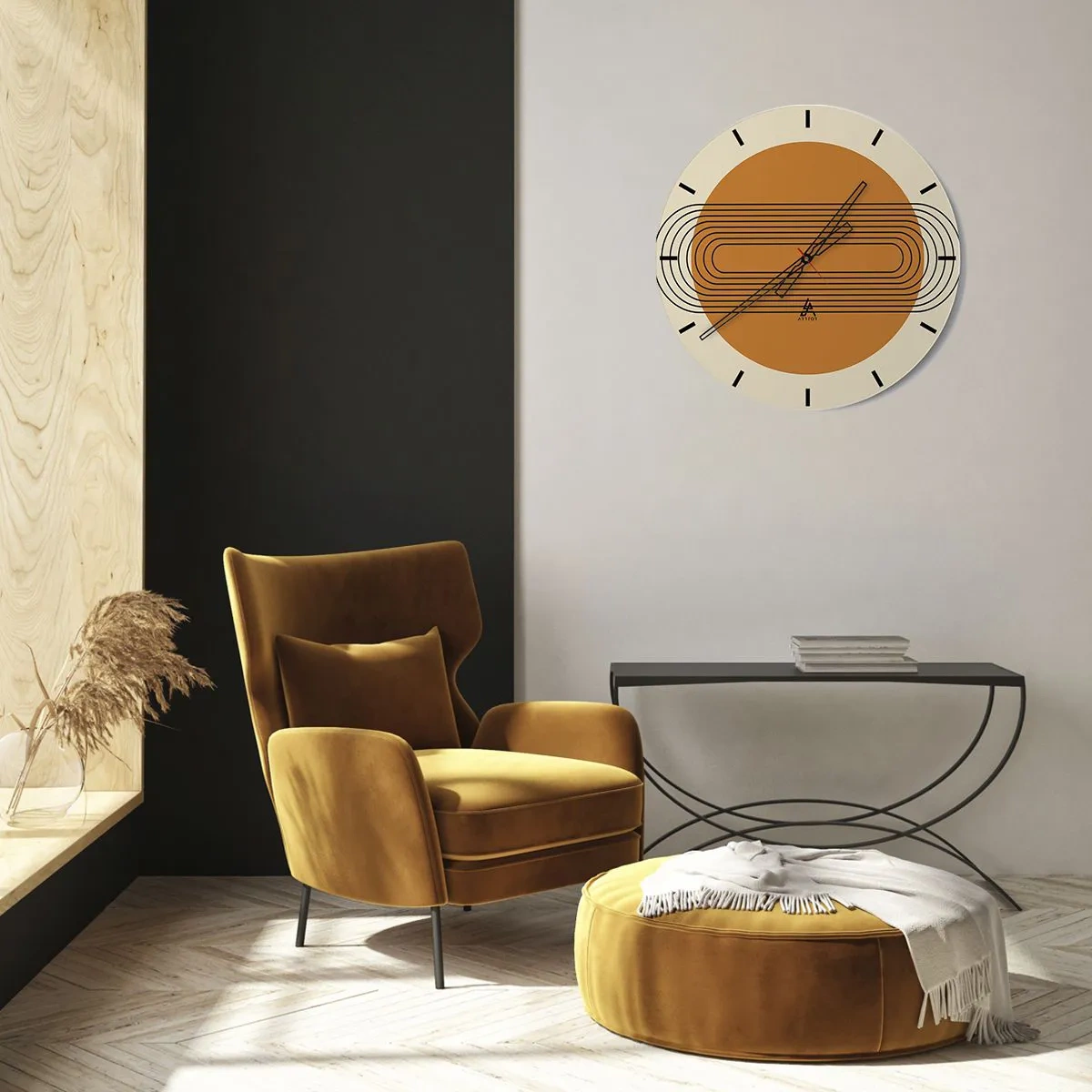 Relógio de parede - Relógio em vidro - Composição geométrica em tons de bege e laranja - 30x30cm - O plano perfeito - Decoração de parede moderna para a sala de estar, cozinha e quarto ARTTOR