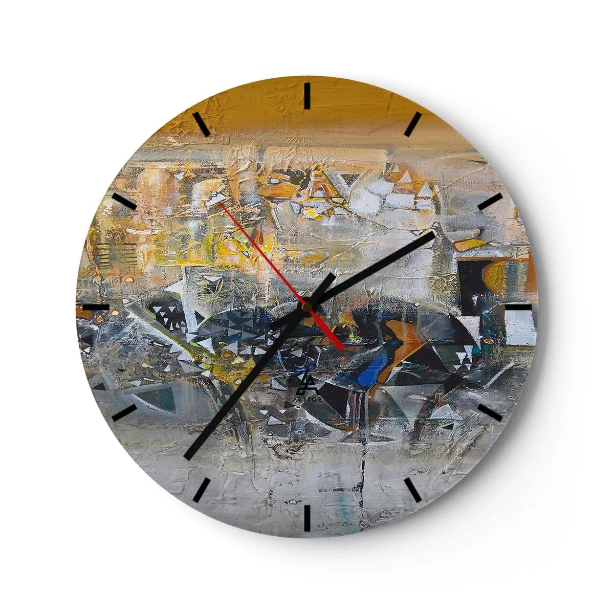 Relógio de parede - Relógio em vidro - Colagem abstrata em tons de amarelo e cinza - 30x30cm - Tudo vai se encaixar - Decoração de parede moderna para a sala de estar, cozinha e quarto ARTTOR