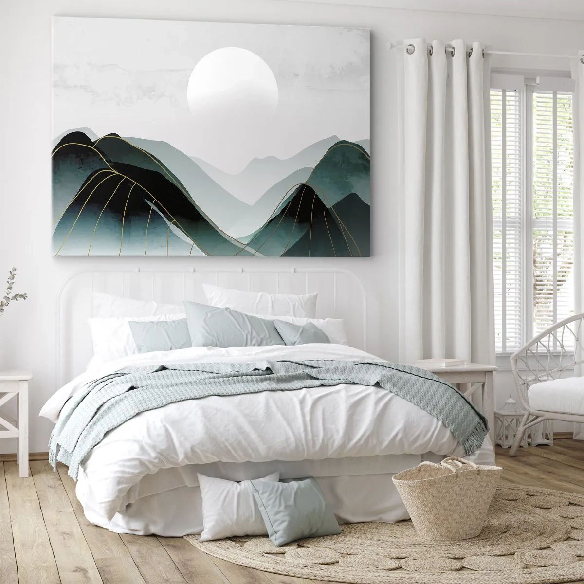 Quadro em tela - Paisagem montanhosa abstrata com a lua e linhas douradas - 70x50cm - Em plena majestade - Decoração de parede moderna para a sala de estar e quarto ARTTOR