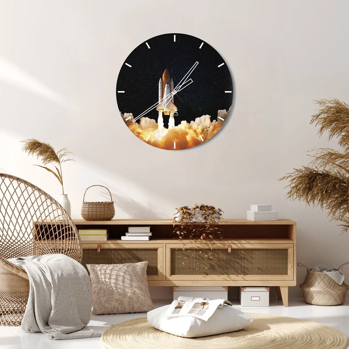 Relógio de parede - Relógio em vidro - Um lançamento de foguete espacial com um céu estrelado como pano de fundo - 30x30cm - Ad astra! - Decoração de parede moderna para a sala de estar, cozinha e quarto ARTTOR