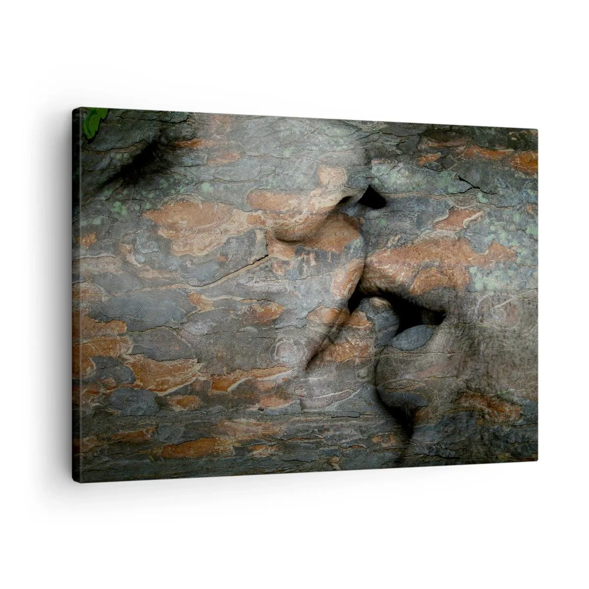 Quadro em tela - Um motivo artístico de um rosto esculpido em rocha com efeito de textura natural. - 70x50cm - Juntos para sempre - Decoração de parede moderna para a sala de estar e quarto ARTTOR