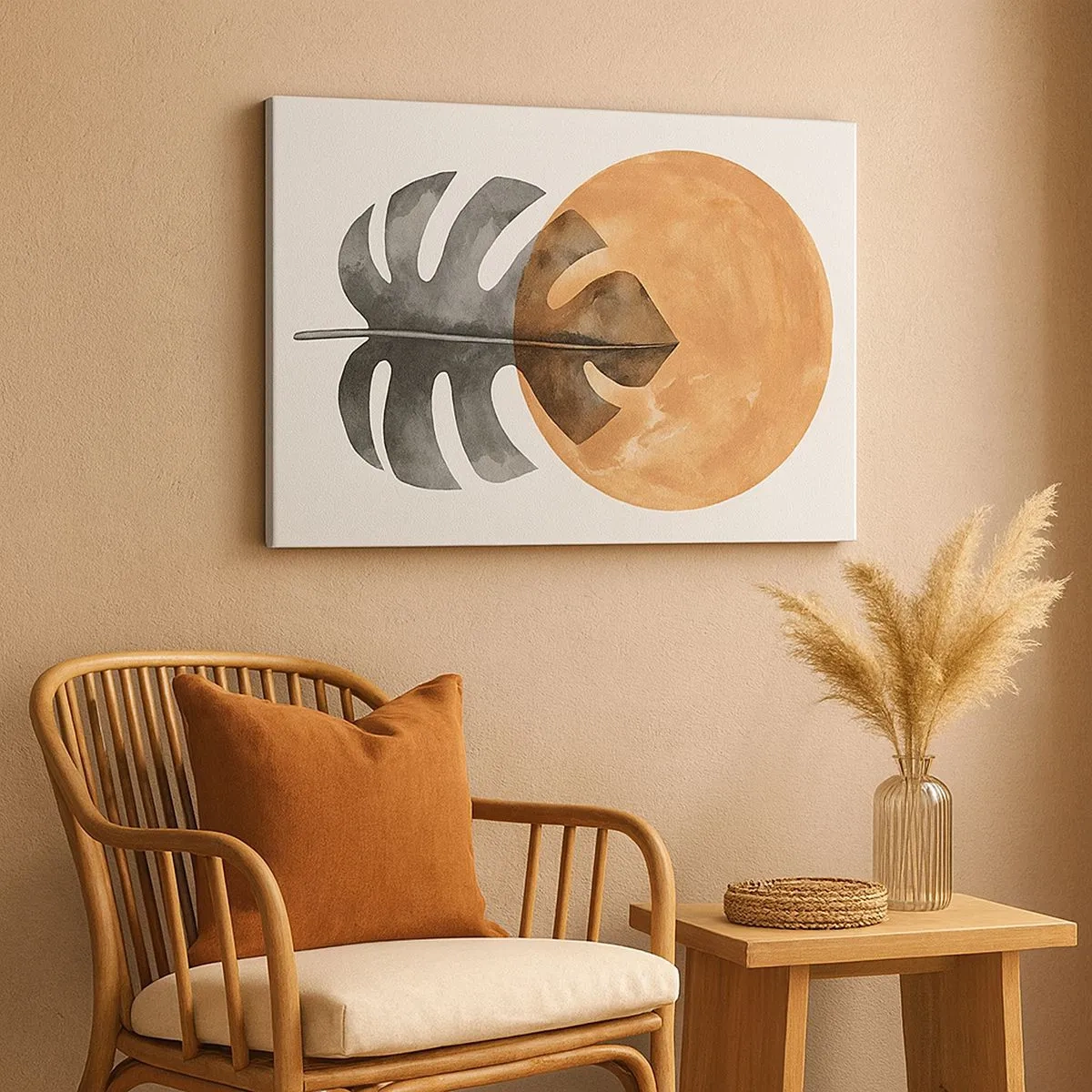 Quadro em tela - Folha de Monstera e círculo dourado em fundo claro - 70x50cm - Sempre o sol - Decoração de parede moderna para a sala de estar e quarto ARTTOR
